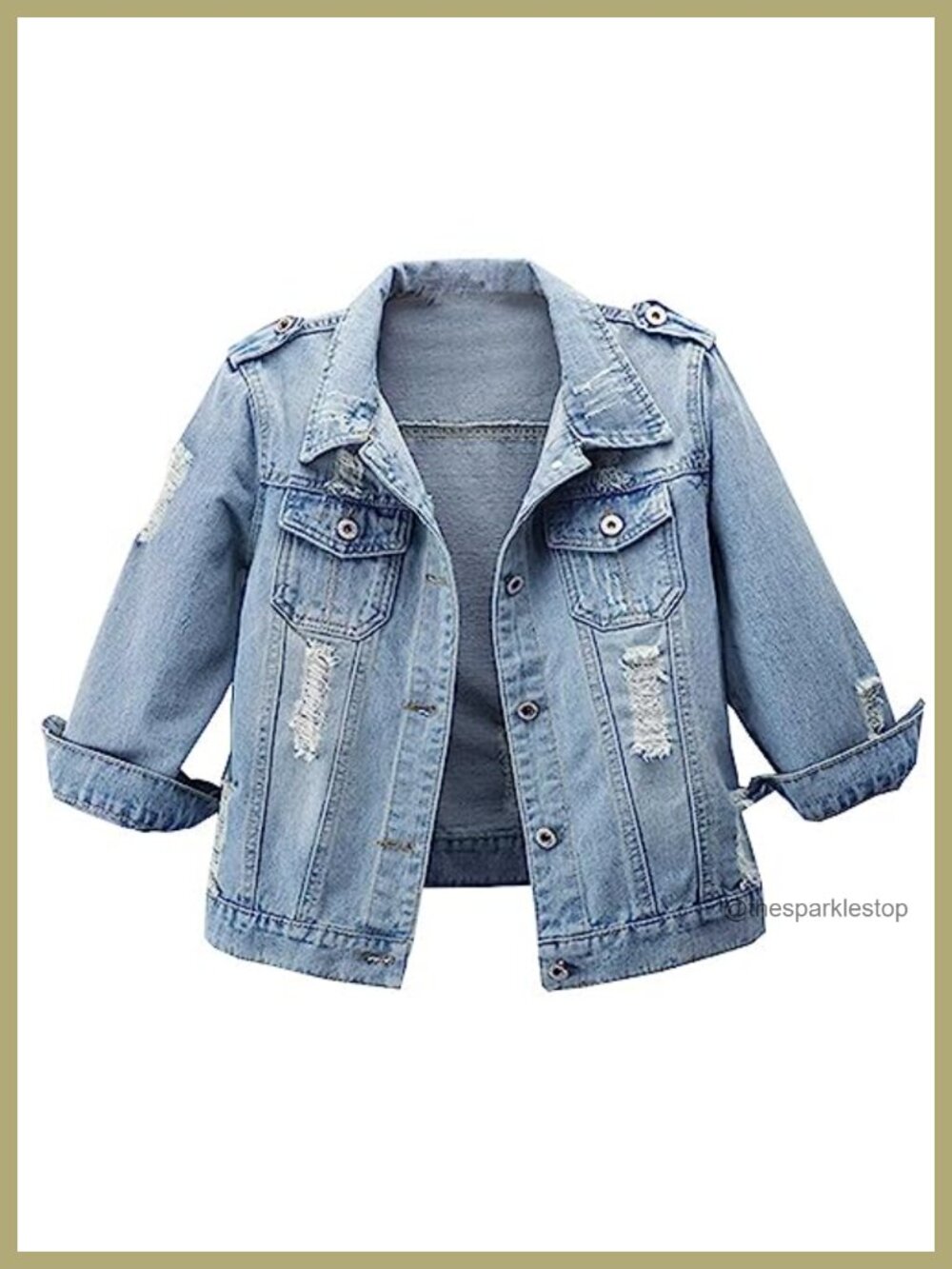 Women 3/4 Sleeve Distressed Denim Jacket Button Front Jean Coat